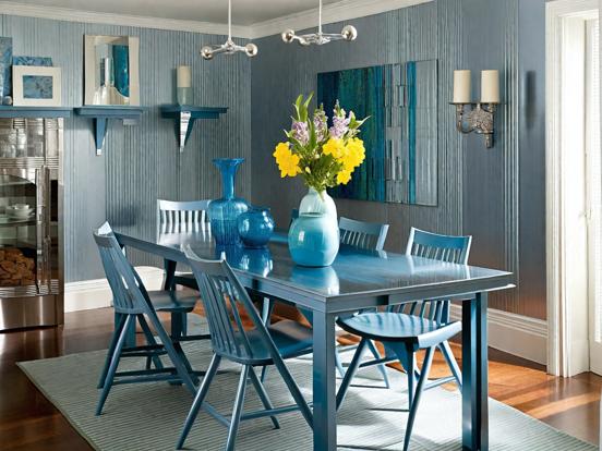 Blue table chairs vase bright room