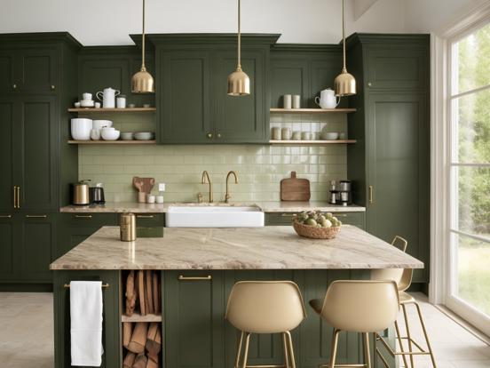 Green gold kitchen closeup