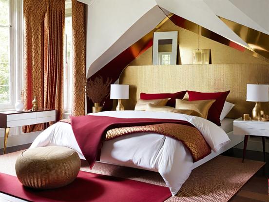 Cozy gold red bedroom decor