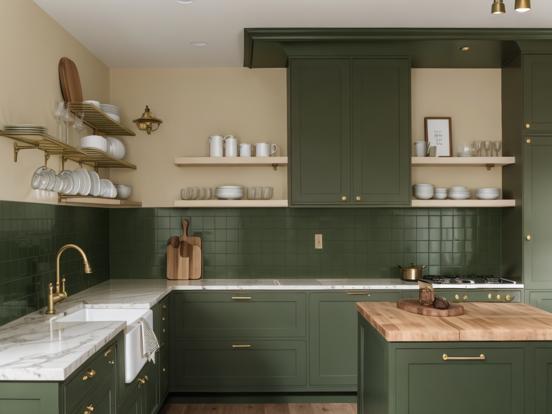 Green kitchen closeup wood gold