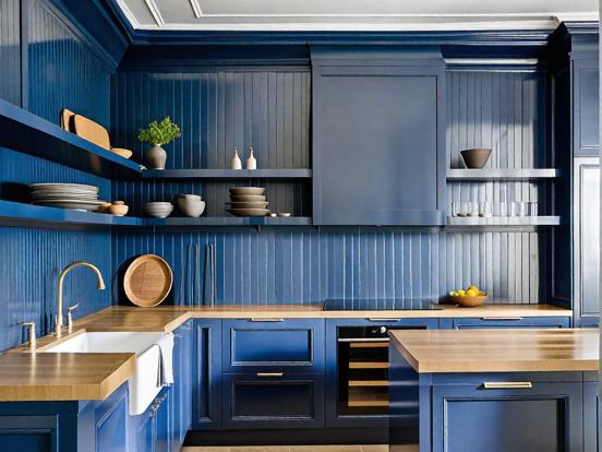 Blue kitchen wood counter trend