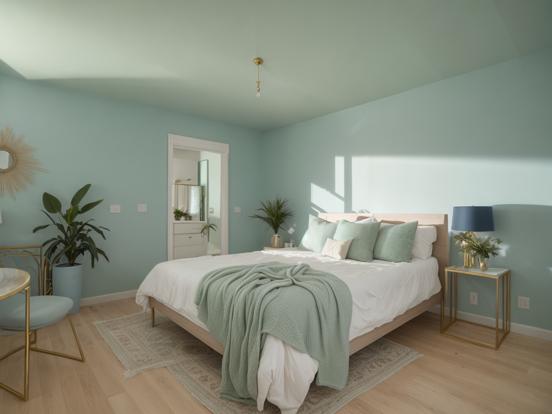 Bright teal bedroom with desk