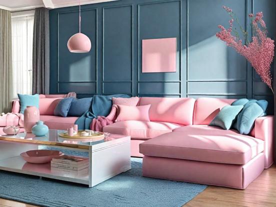 Bright pink couch blue walls