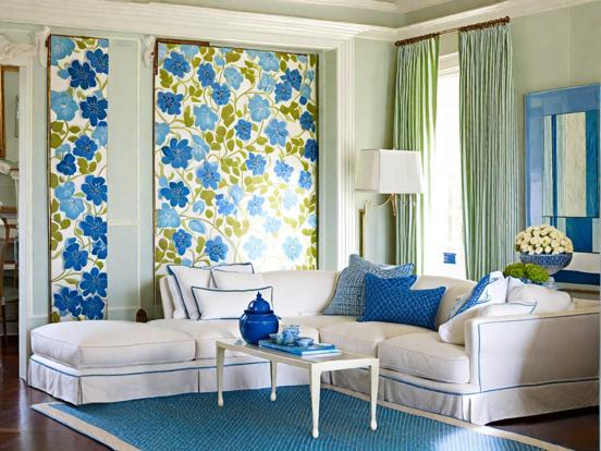 Blue white floral living room