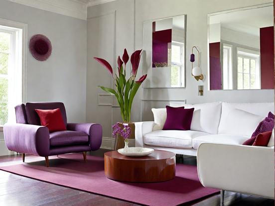 Purple white living room decor