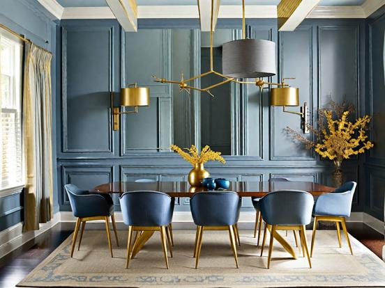 Blue gold dining room decor