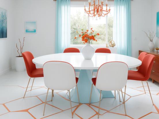 Teal orange table chairs vase