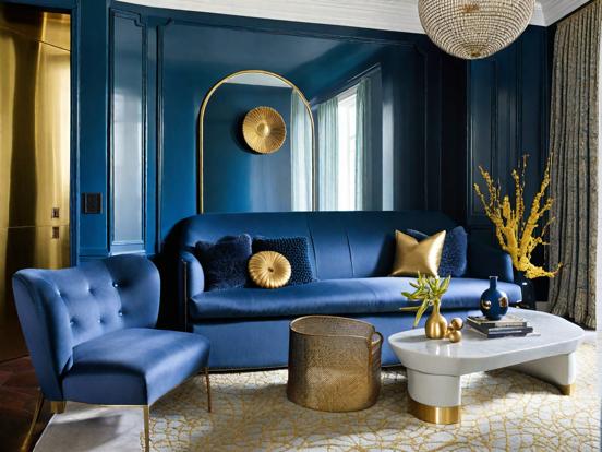 Bright blue gold living room