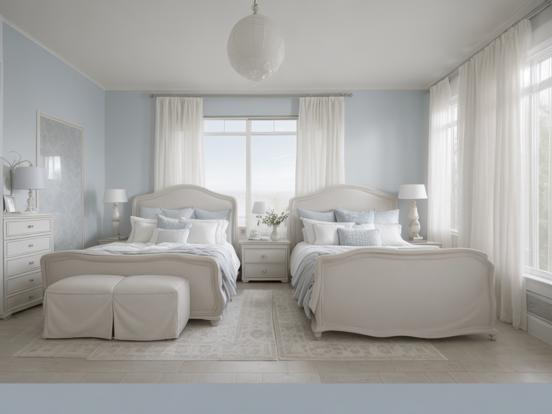 Blue white bedroom twin beds