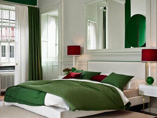 Green white bedroom red accents