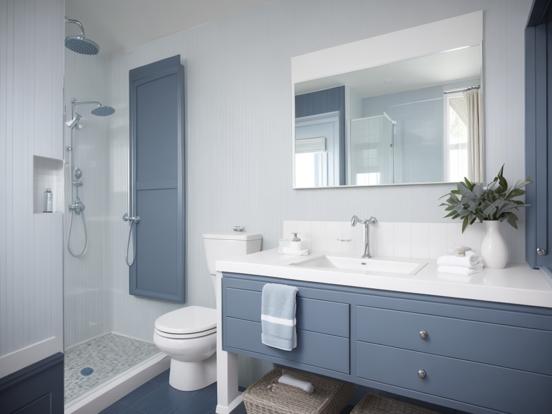 Blue vanity white toilet bath