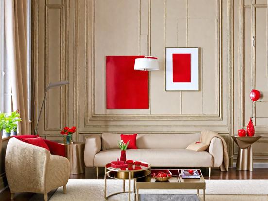 Red white living room decor