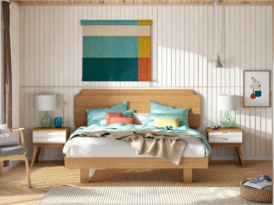 Sunny serene bedroom with art