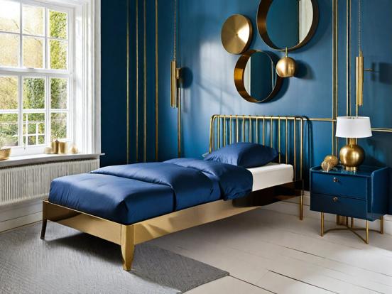 Closeup of bed blue gold room