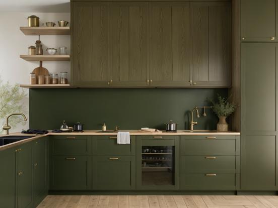 Green kitchen closeup wood floor