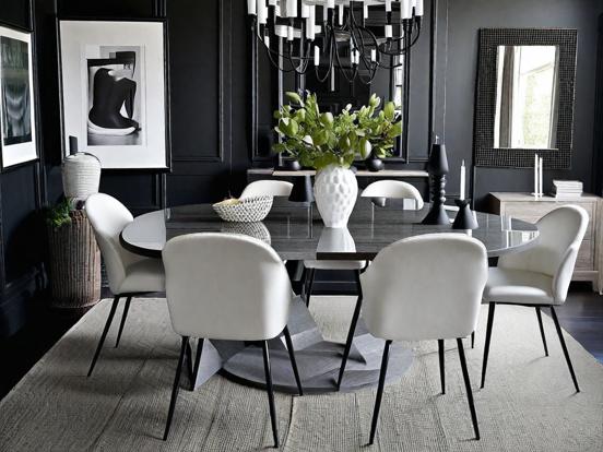 Dark dining table chairs vase