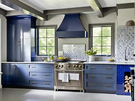 Blue kitchen stove sink wood cabinet