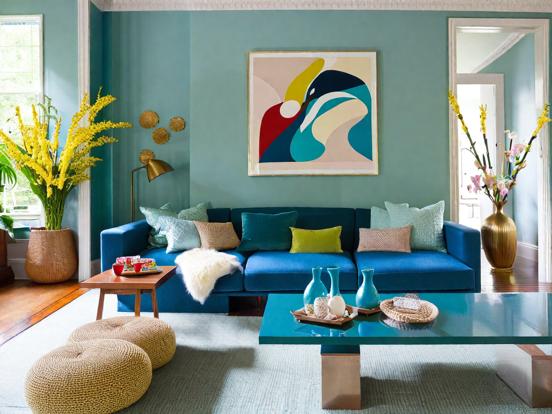 Bright teal living room decor