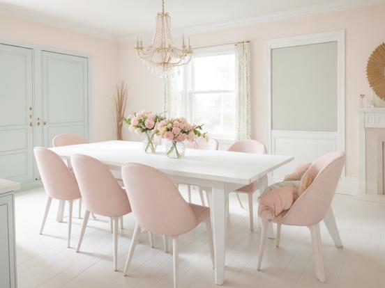 White table pink chairs room