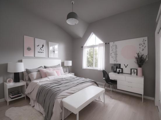 black grey and pink guest room