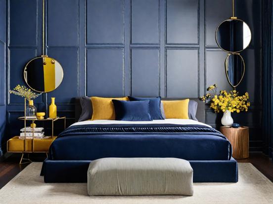 Blue bed yellow ottoman room