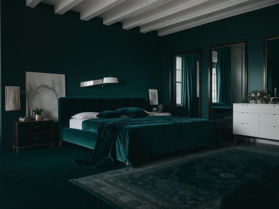 Dark teal bedroom with bed