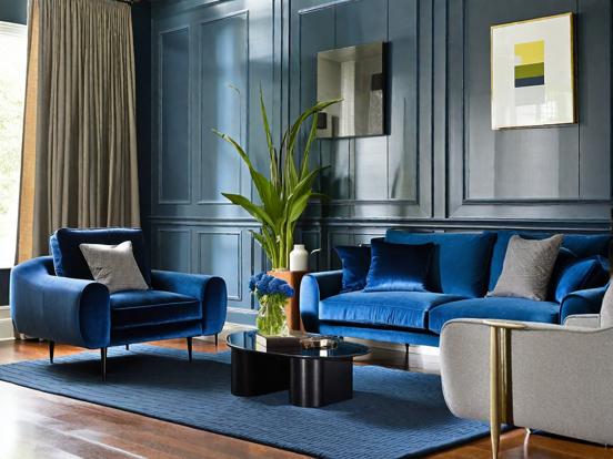 Bright blue maximalist living room