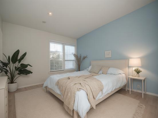 blue and beige guest room