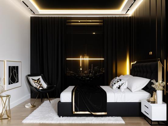 Dark cozy bedroom in black gold