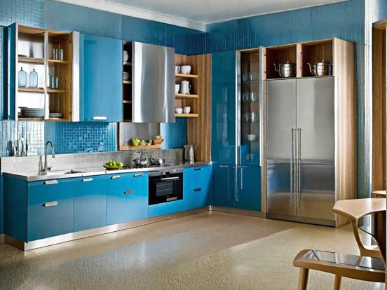 Blue kitchen steel fridge wood