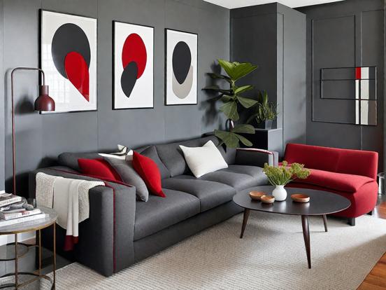 Red black grey living room