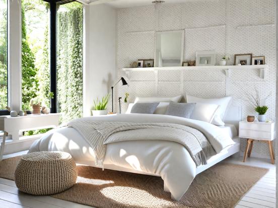 Serene white bedroom with bed