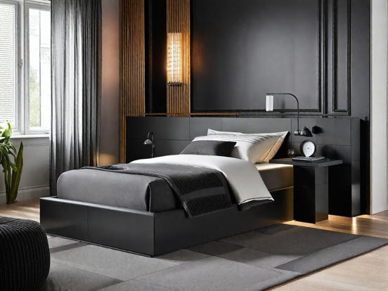 Black serene luxury bedroom closeup