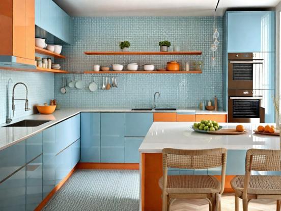 Teal orange kitchen setup