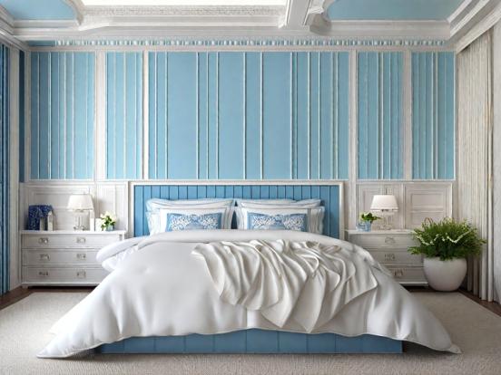 Closeup of bed in blue room