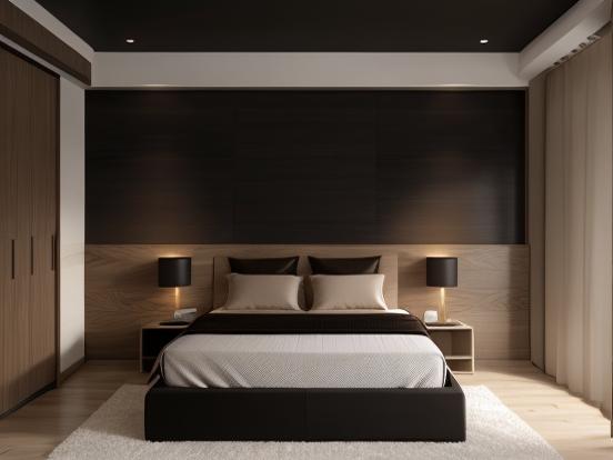 Dark bedroom with wooden headboard