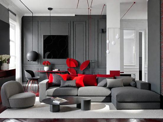 Living room with red black decor