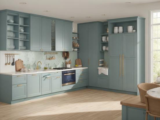 Blue kitchen table wood cabinets