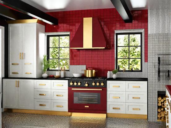 Kitchen with red gold accents