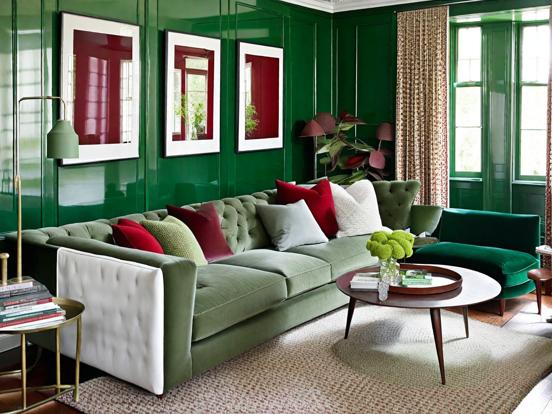 Bright green red living room