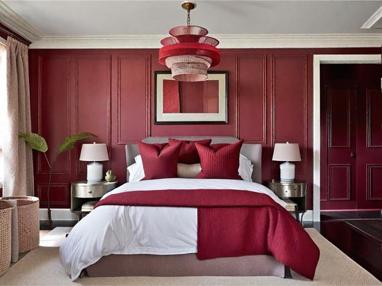 Red bed closeup grey trim paneled