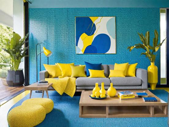 Blue yellow living room couch