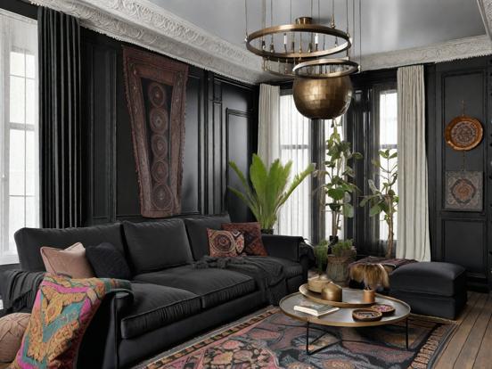 Maximalist black living room