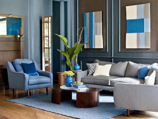 blue brown and grey living room