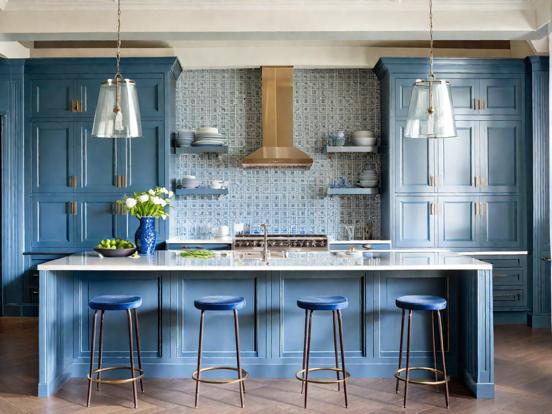 Blue kitchen island wood cabinets