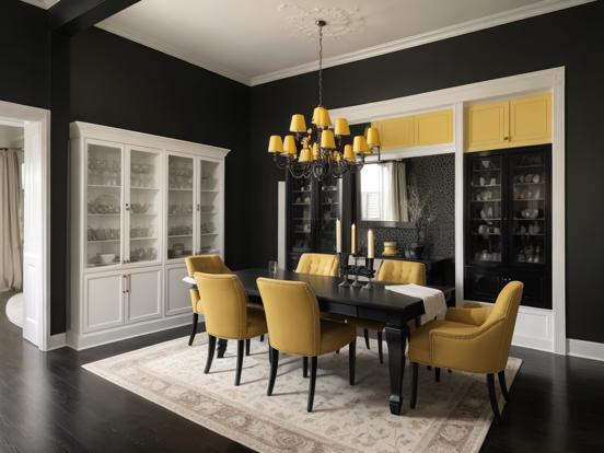 Closeup dining room black yellow