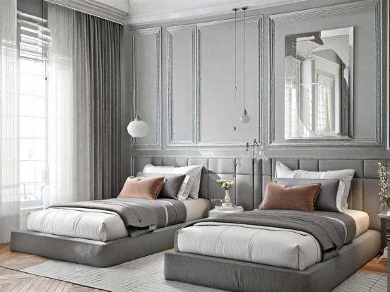 Serene twin beds grey room