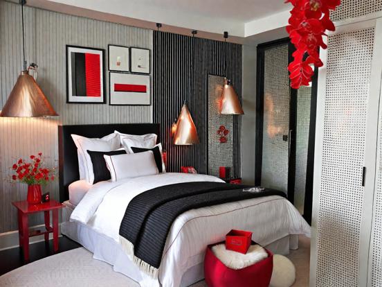 Red black white bedroom decor