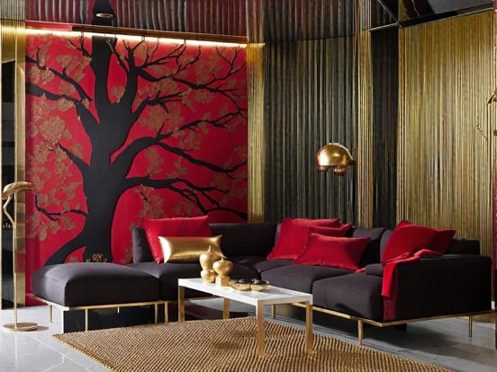 Red black gold living room