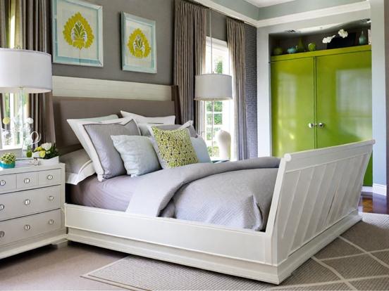 Green door white bed kid room